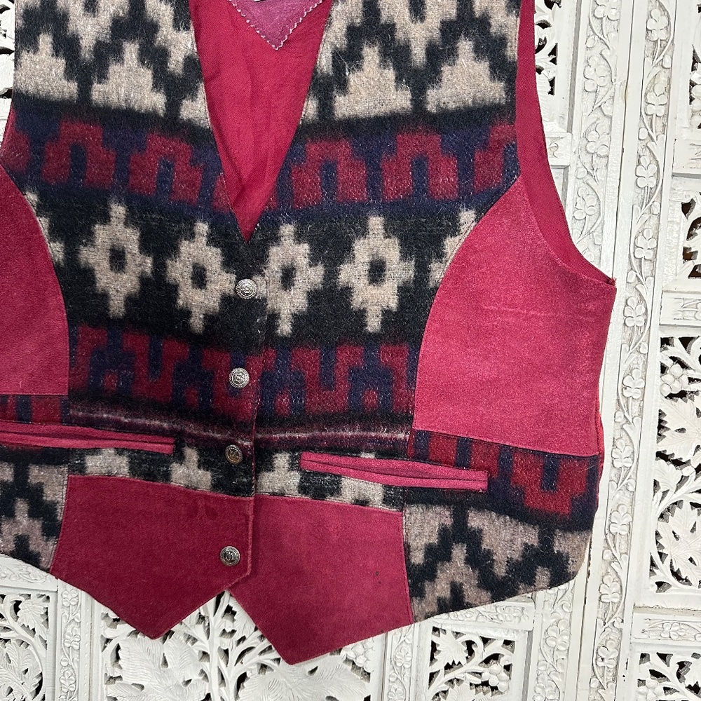 Vintage Wool Suede Leather Western Aztec Snap Button Vest Sz Large - Picture 4 of 10